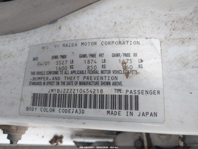 Продажа на аукционе авто 2001 Mazda Protege Dx/lx, vin: JM1BJ222210454218, номер лота: 45026801
