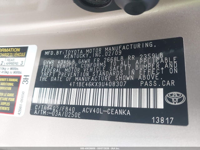 45026808 :رقم المزاد ، 4T1BE46KX9U408307 vin ، 2009 Toyota Camry Le مزاد بيع