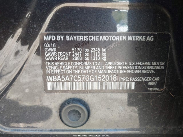 2016 Bmw 528i Xdrive მანქანა იყიდება აუქციონზე, vin: WBA5A7C57GG152018, აუქციონის ნომერი: 45026813