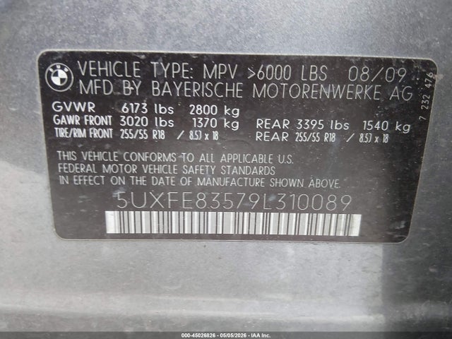 2009 Bmw X5 Xdrive48i მანქანა იყიდება აუქციონზე, vin: 5UXFE83579L310089, აუქციონის ნომერი: 45026826