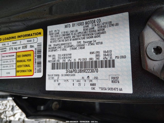 45026825 :رقم المزاد ، 3FA6P0LU8HR223070 vin ، 2017 Ford Fusion Hybrid Se مزاد بيع