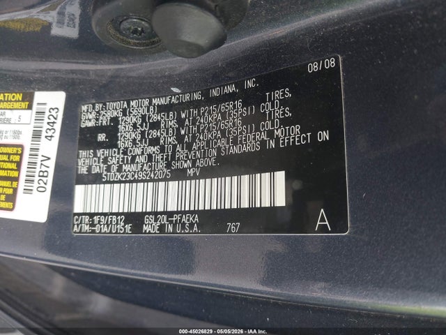 Aukcja sprzedaży 2009 Toyota Sienna Ce, vin: 5TDZK23C49S242075, numer aukcji: 45026829