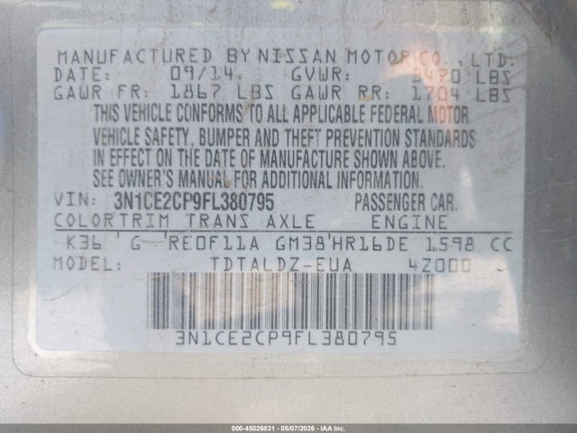 Aukcja sprzedaży 2015 Nissan Versa Note S (sr)/s Plus/sl/sr/sv, vin: 3N1CE2CP9FL380795, numer aukcji: 45026831