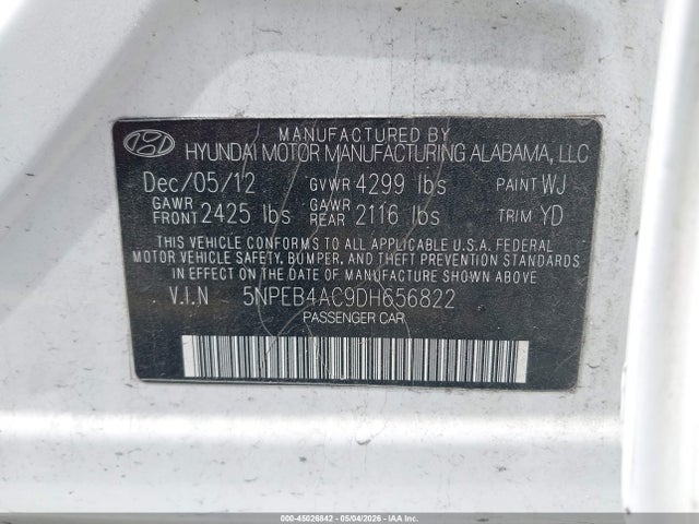 Aukcja sprzedaży 2013 Hyundai Sonata Gls, vin: 5NPEB4AC9DH656822, numer aukcji: 45026842