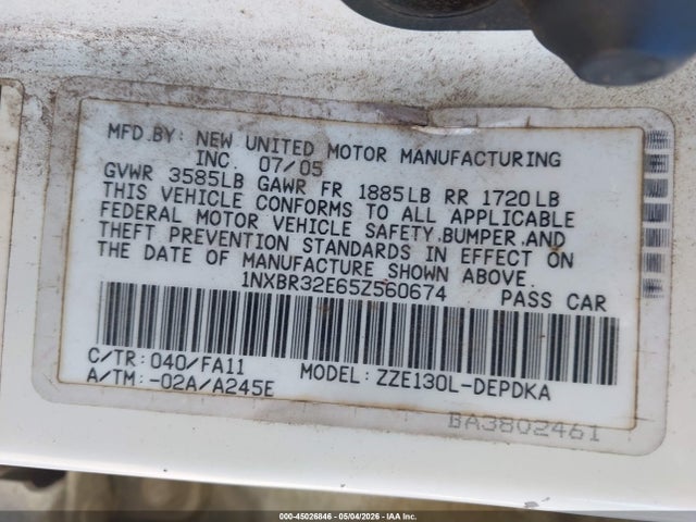45026846 :رقم المزاد ، 1NXBR32E65Z560674 vin ، 2005 Toyota Corolla Ce مزاد بيع