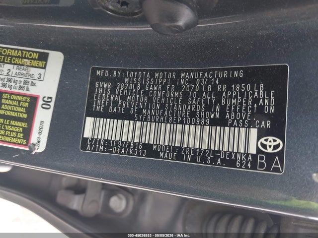 45026853 :رقم المزاد ، 5YFBURHE8EP100989 vin ، 2014 Toyota Corolla Le مزاد بيع