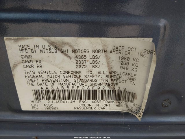 2008 Mitsubishi Galant Es მანქანა იყიდება აუქციონზე, vin: 4A3AB56F28E026232, აუქციონის ნომერი: 45026858
