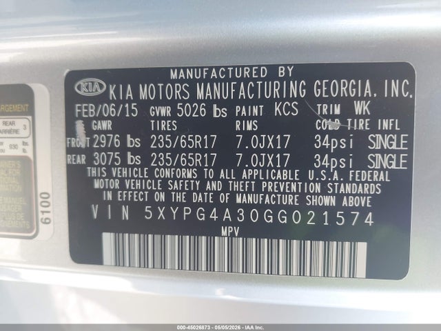 Продаж на аукціоні авто 2016 Kia Sorento 2.4l Lx, vin: 5XYPG4A30GG021574, номер лоту: 45026873