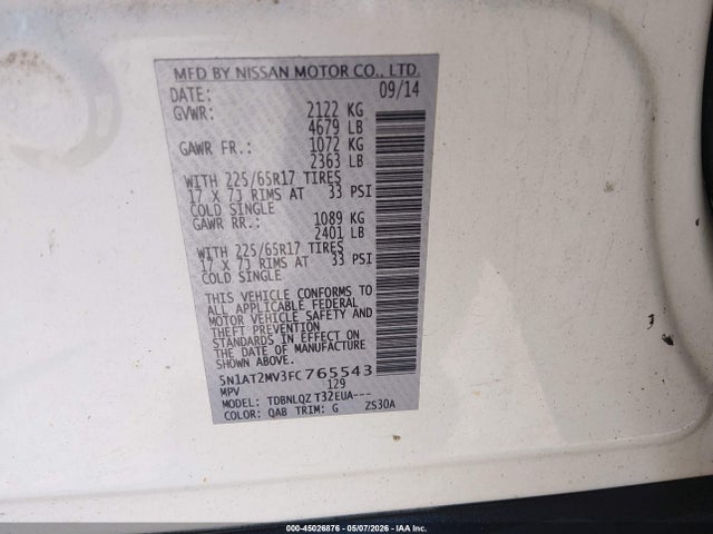 45026876 :رقم المزاد ، 5N1AT2MV3FC765543 vin ، 2015 Nissan Rogue Sv مزاد بيع