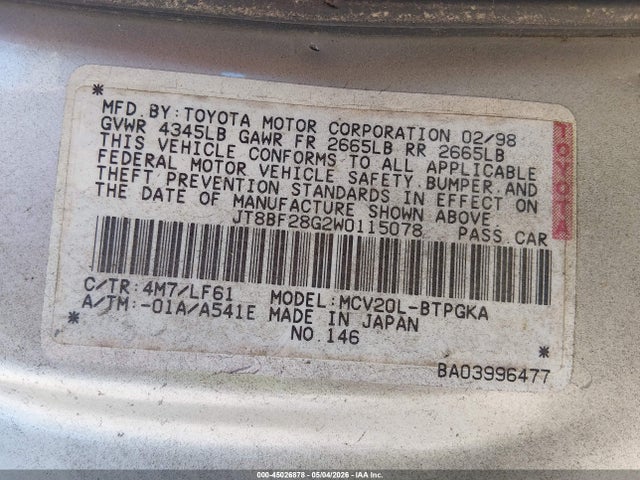 45026878 :رقم المزاد ، JT8BF28G2W0115078 vin ، 1998 Lexus Es 300 مزاد بيع