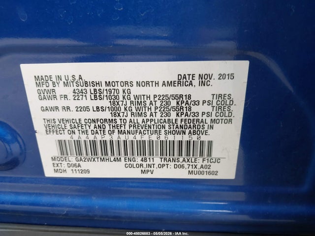 45026883 :رقم المزاد ، 4A4AP3AU4FE061150 vin ، 2015 Mitsubishi Outlander Sport Es مزاد بيع