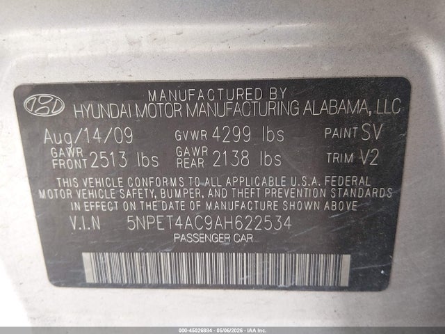 2010 Hyundai Sonata Gls მანქანა იყიდება აუქციონზე, vin: 5NPET4AC9AH622534, აუქციონის ნომერი: 45026884
