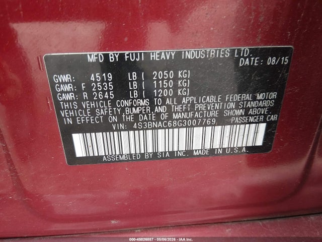 Aukcja sprzedaży 2016 Subaru Legacy 2.5i Premium, vin: 4S3BNAC68G3007769, numer aukcji: 45026887
