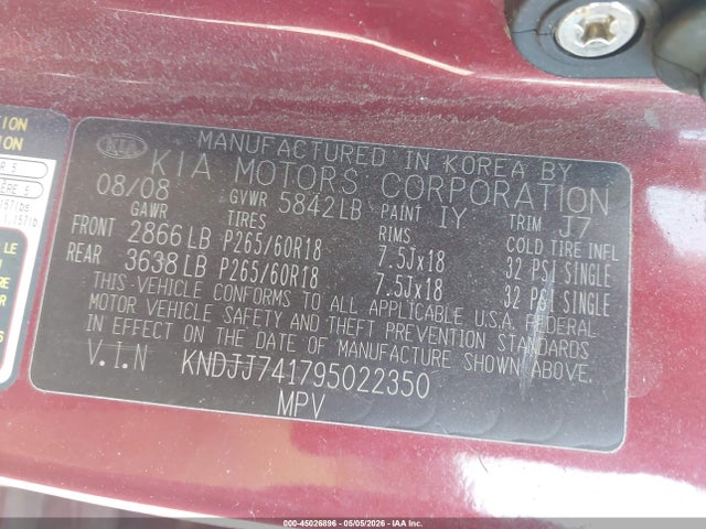 45026896 :رقم المزاد ، KNDJJ741795022350 vin ، 2009 Kia Borrego Ex V6 مزاد بيع