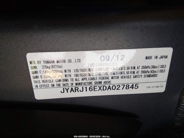 Aukcja sprzedaży 2013 Yamaha Yzfr6, vin: JYARJ16EXDA027845, numer aukcji: 45026908