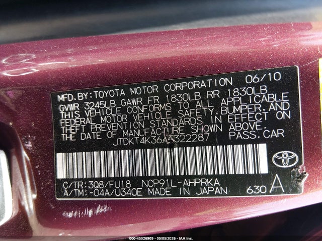 Продаж на аукціоні авто 2010 Toyota Yaris, vin: JTDKT4K36A5322287, номер лоту: 45026909