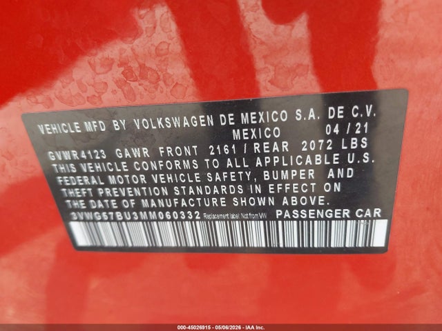 Продажа на аукционе авто 2021 Volkswagen Jetta 1.4t Sel Premium, vin: 3VWG57BU3MM060332, номер лота: 45026915