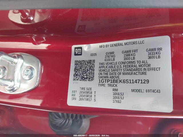 45026917 :رقم المزاد ، 1GTP1BEK6S1147129 vin ، 2025 Gmc Canyon 2wd Elevation مزاد بيع