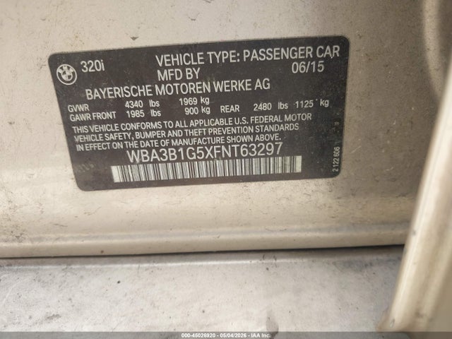 Продаж на аукціоні авто 2015 Bmw 320i, vin: WBA3B1G5XFNT63297, номер лоту: 45026920