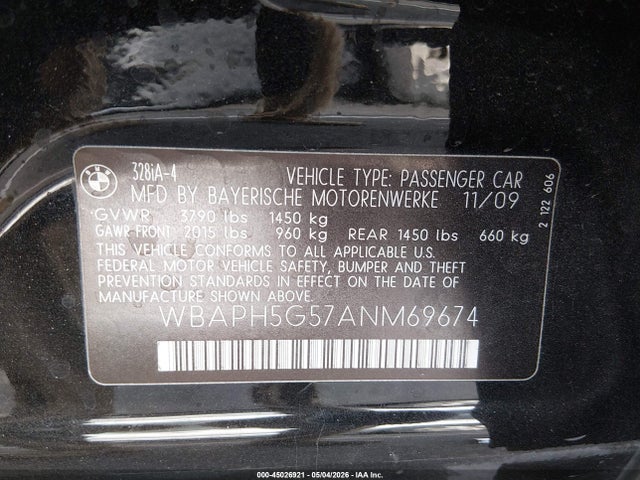 2010 Bmw 328i მანქანა იყიდება აუქციონზე, vin: WBAPH5G57ANM69674, აუქციონის ნომერი: 45026921