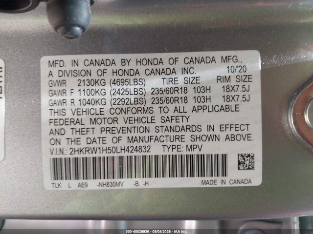 45026926 :رقم المزاد ، 2HKRW1H50LH424832 vin ، 2020 Honda Cr-v 2wd Ex مزاد بيع