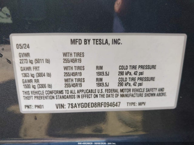 7SAYGDED8RF094647 Tesla Model Y Long Range Single Motor Rear-wheel Drive/rwd