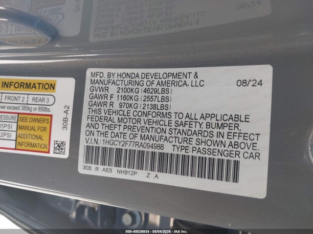 1HGCY2F77RA094988 Honda Accord Hybrid Sport-l