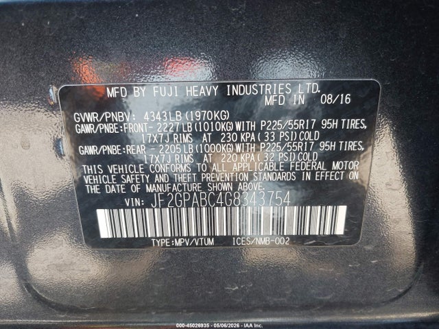 2016 Subaru Crosstrek 2.0i Premium მანქანა იყიდება აუქციონზე, vin: JF2GPABC4G8343754, აუქციონის ნომერი: 45026935