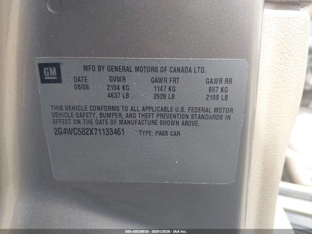45026938 :رقم المزاد ، 2G4WC582X71133461 vin ، 2007 Buick Lacrosse Cx مزاد بيع