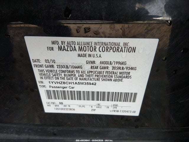 2010 Mazda Mazda6 I Touring მანქანა იყიდება აუქციონზე, vin: 1YVHZ8CH1A5M35942, აუქციონის ნომერი: 45026941