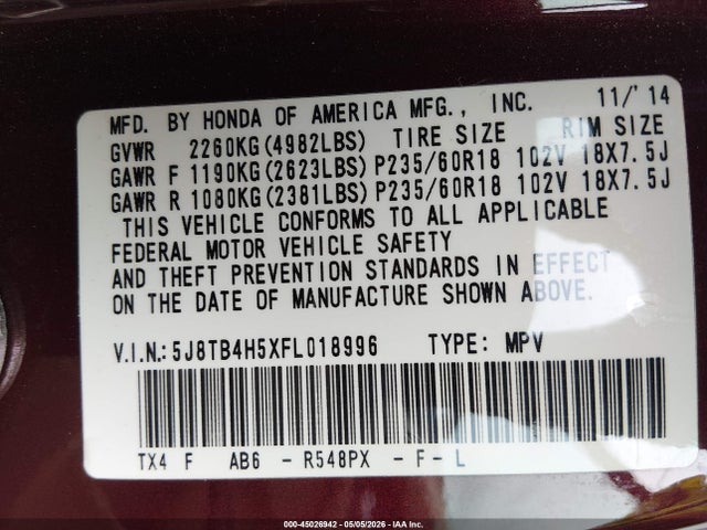 Продаж на аукціоні авто 2015 Acura Rdx, vin: 5J8TB4H5XFL018996, номер лоту: 45026942