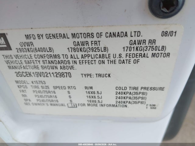 Продаж на аукціоні авто 2002 Chevrolet Silverado 1500, vin: 2GCEK19V021129870, номер лоту: 45026946