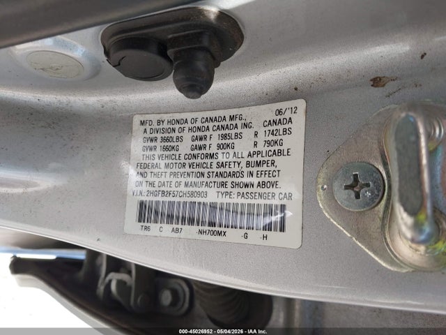 Продажа на аукционе авто 2012 Honda Civic Lx, vin: 2HGFB2F57CH580903, номер лота: 45026952