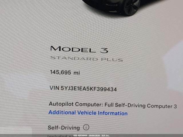 45026958 :رقم المزاد ، 5YJ3E1EA5KF399434 vin ، 2019 Tesla Model 3 Long Range/mid Range/standard Range/standard Range Plus مزاد بيع