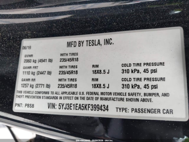 45026958 :رقم المزاد ، 5YJ3E1EA5KF399434 vin ، 2019 Tesla Model 3 Long Range/mid Range/standard Range/standard Range Plus مزاد بيع