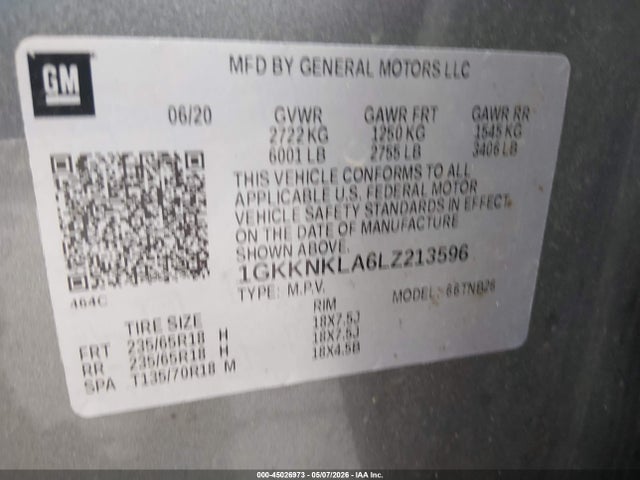 1GKKNKLA6LZ213596 GMC Acadia Fwd Sle