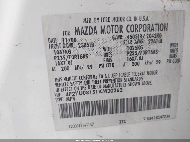 Aukcja sprzedaży 2001 Mazda Tribute Es V6/lx V6, vin: 4F2YU08151KM30262, numer aukcji: 45026974