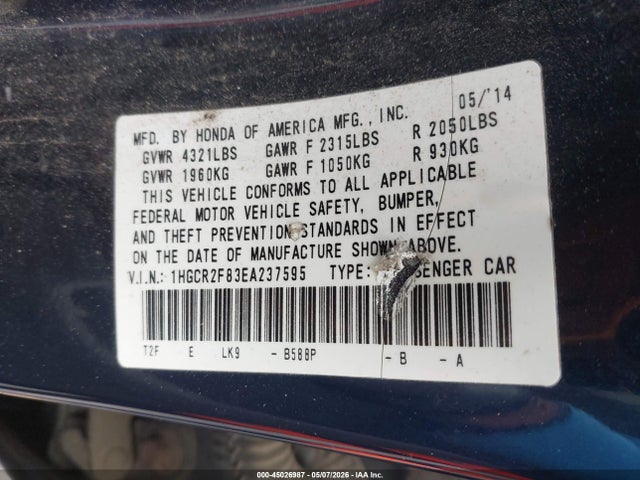 Auction sale of the 2014 Honda Accord Ex-l, vin: 1HGCR2F83EA237595, lot number: 45026987