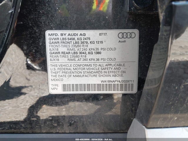 2018 Audi Q5 2.0t Premium/2.0t Tech Premium მანქანა იყიდება აუქციონზე, vin: WA1BNAFY4J2029711, აუქციონის ნომერი: 45026998