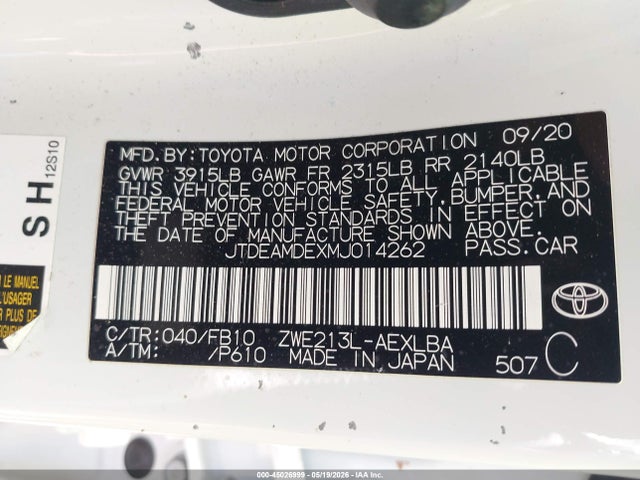 45026999 :رقم المزاد ، JTDEAMDEXMJ014262 vin ، 2021 Toyota Corolla Hybrid Le مزاد بيع