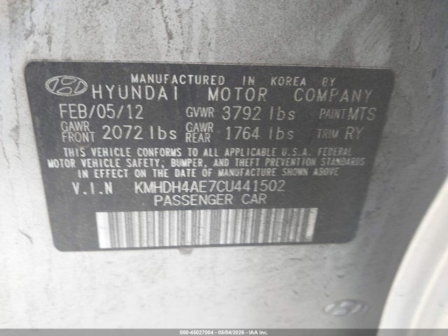 2012 Hyundai Elantra Limited (ulsan Plant) მანქანა იყიდება აუქციონზე, vin: KMHDH4AE7CU441502, აუქციონის ნომერი: 45027004