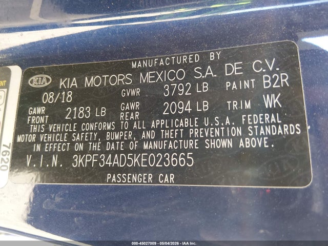 45027009 :رقم المزاد ، 3KPF34AD5KE023665 vin ، 2019 Kia Forte S مزاد بيع