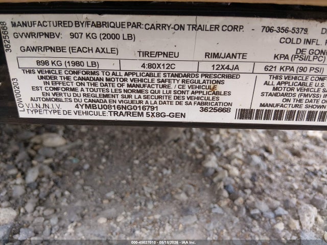 45027010 :رقم المزاد ، 4YMBU0816NG016791 vin ، 2022 Carry-on Trailer مزاد بيع