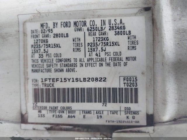 Продаж на аукціоні авто 1995 Ford F150, vin: 1FTEF15Y1SLB20822, номер лоту: 45027016