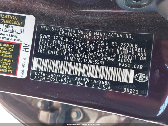 4T1BD1EB1EU025563 Toyota Avalon Hybrid Xle Touring