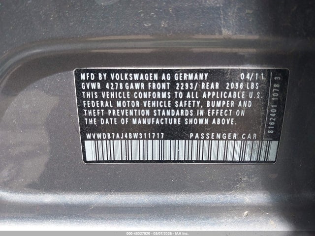 45027020 :رقم المزاد ، WVWDB7AJ4BW311717 vin ، 2011 Volkswagen Golf 2.5l 4-door مزاد بيع