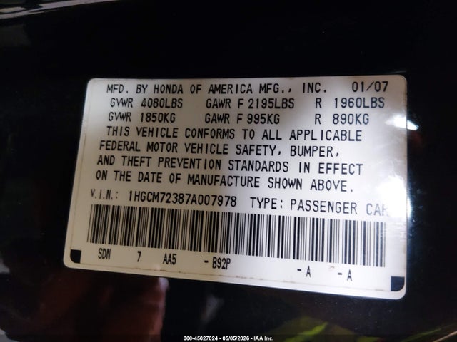 Aukcja sprzedaży 2007 Honda Accord 2.4 Lx, vin: 1HGCM72387A007978, numer aukcji: 45027024