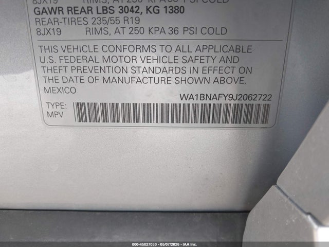 Aukcja sprzedaży 2018 Audi Q5 2.0t Premium/2.0t Tech Premium, vin: WA1BNAFY9J2062722, numer aukcji: 45027030
