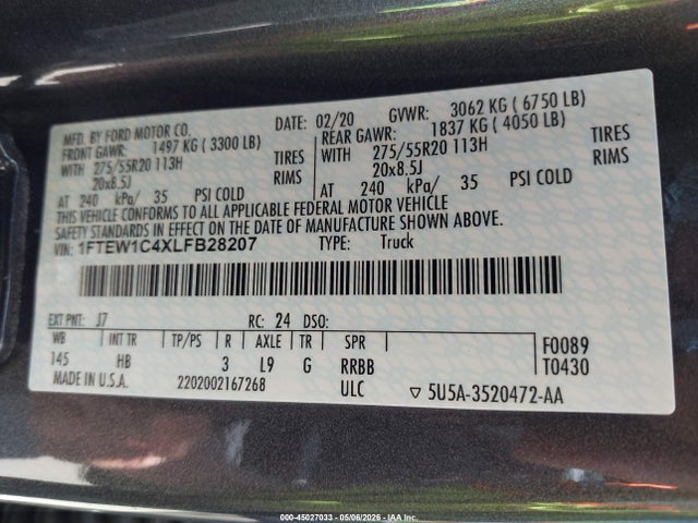 Ford F-150 Lariat 2020 1FTEW1C4XLFB28207 Image 9