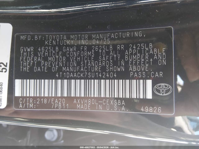 Aukcja sprzedaży 2025 Toyota Camry Se, vin: 4T1DAACK7SU142404, numer aukcji: 45027053